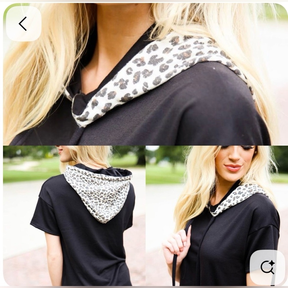 Black Leopard Print Short-Sleeved Hoodie - Picture 3 of 6